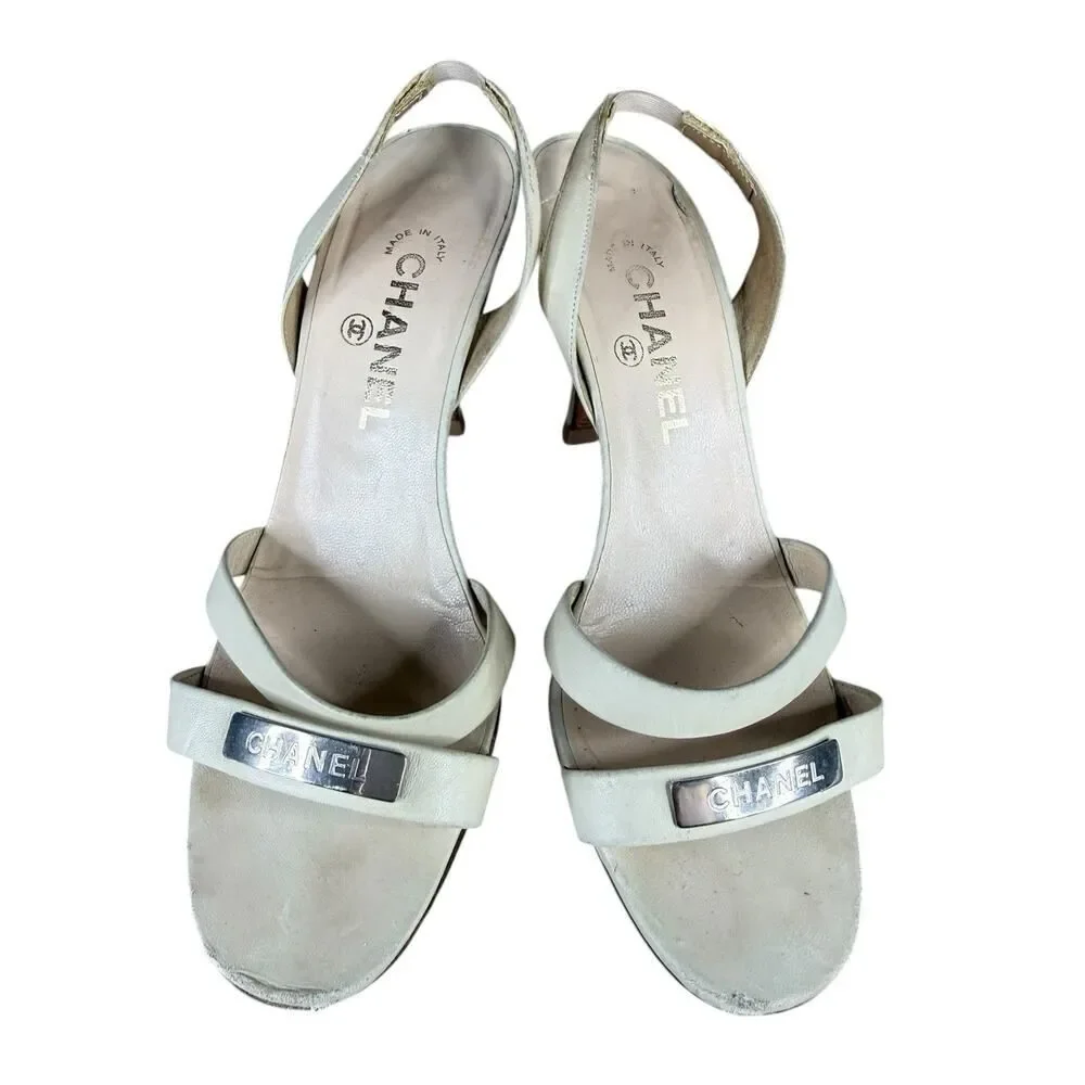 Chanel Ivory Leather Slingback Heels Logo Strap Sandals EU 39 US 8.5
